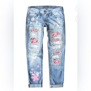 Women's Blue Distressed Jeans with Pink Accents